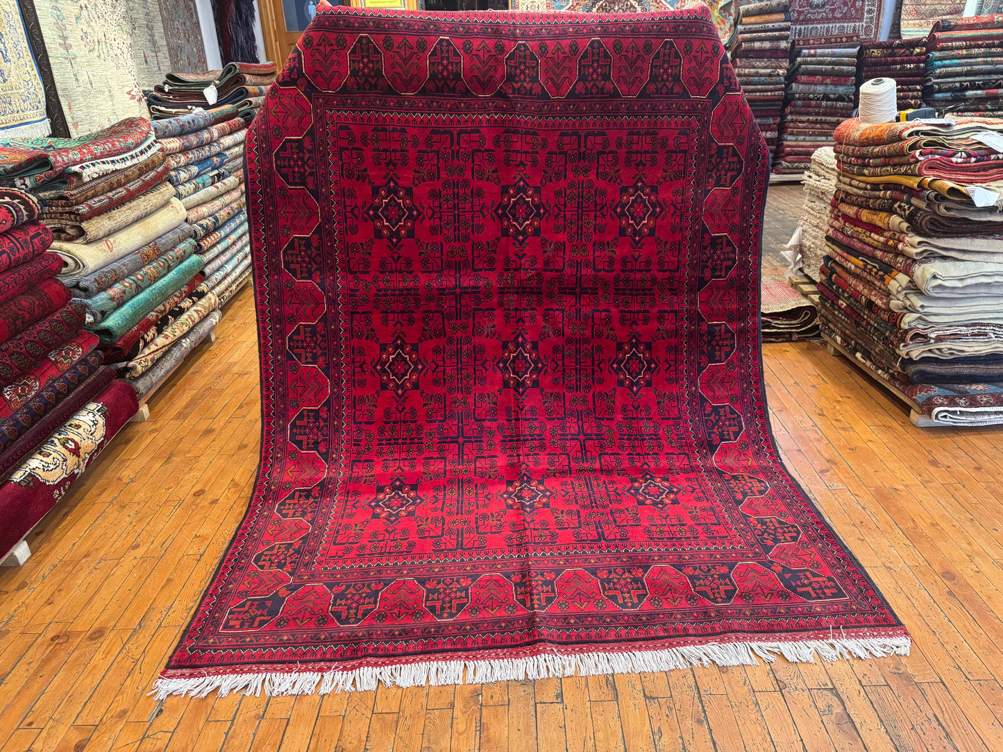 Handmade Burgundy Wool Rug – Geometric Pattern, Unique Design 5x7ft Cappadocia Rug Collection