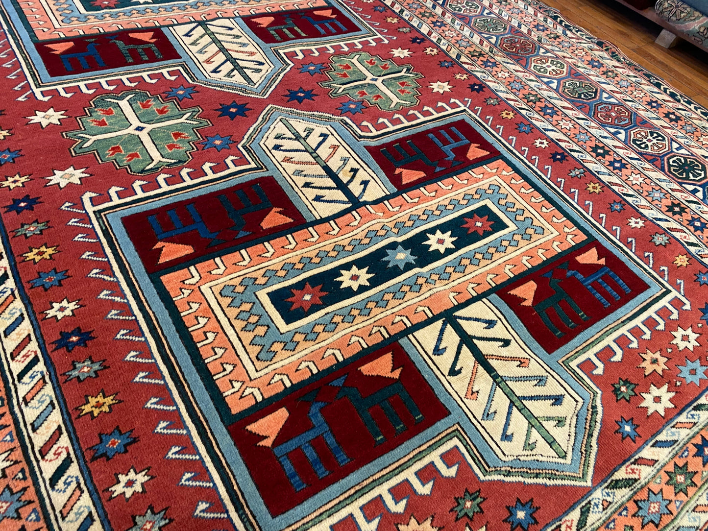 Hand-Knotted Wool Oriental Carpet with Geometric Tribal Cross 7’2”x9” Cappadocia Rug Collection