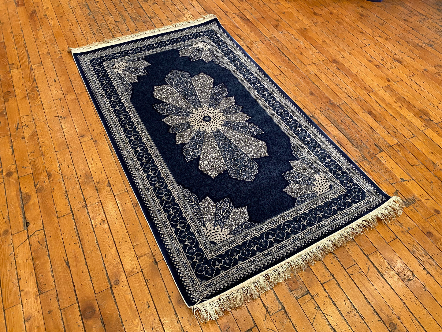 Navy Blue Medallion Vintage Design Oriental Silk Carpet 3”x5''ft Cappadocia Rug Collection