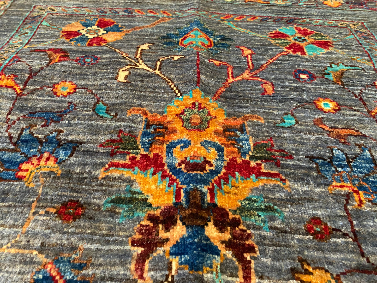 Indigo Gray Floral Handmade Area Rug 3x5 ft 130x85cm Cappadocia Rug Collection