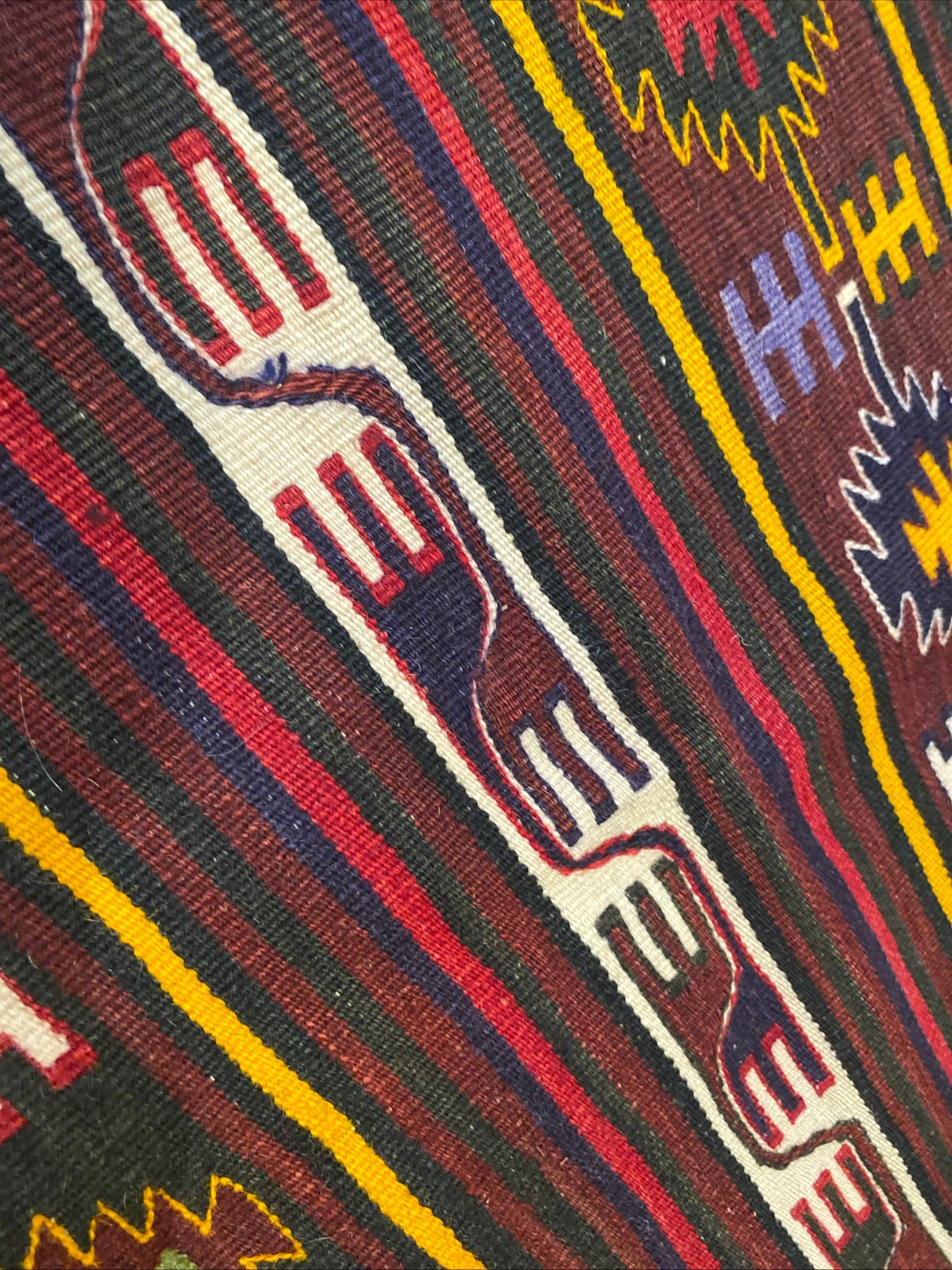 Vintage Anatolian Turkish Kilim Runner - Handwoven Wool Rug with Geometric Tribal Patterns in Maroon, Yellow & Multicolor 2'9''x4'8'' Cappadocia Rug Collection