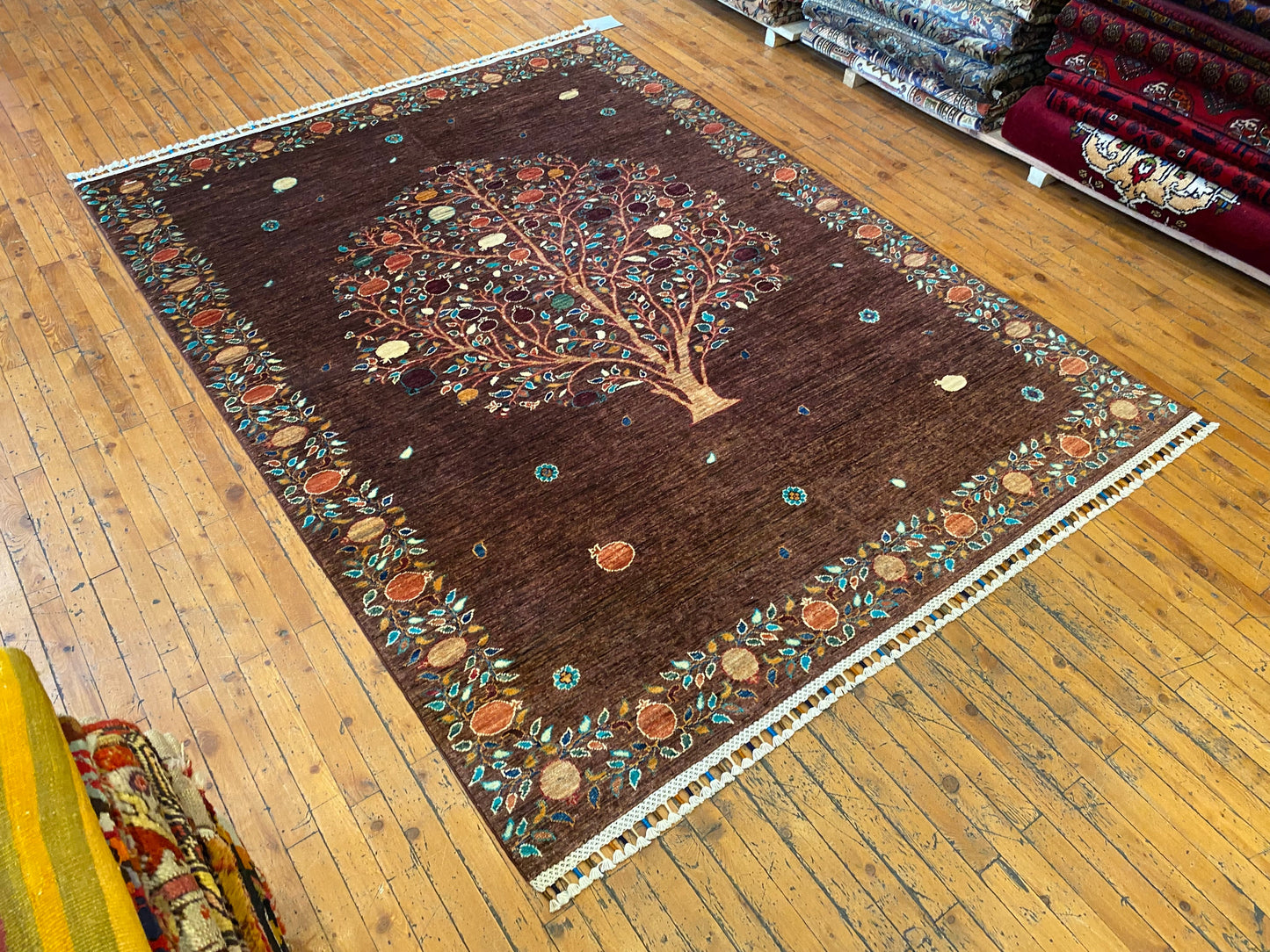 Hand Woven Brown Wool Carpet Natural Dye Handmade Oriental Rug 5x8 Ft Cappadocia Rug Collection
