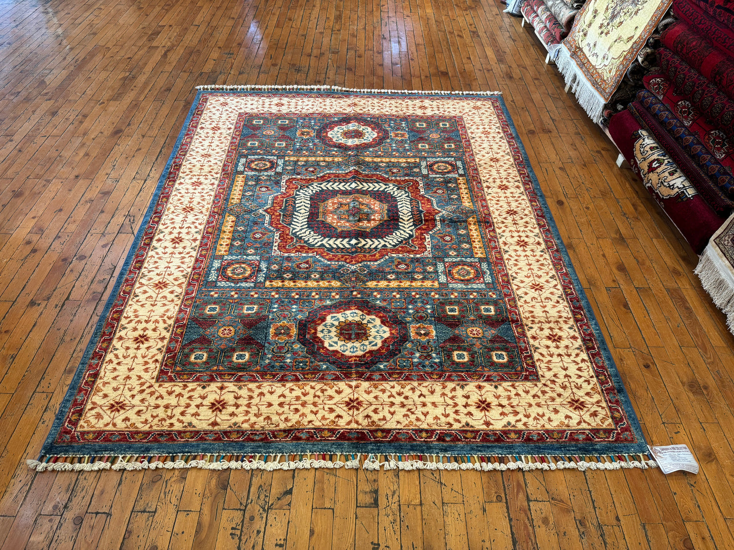 Large Statement Turkish Rug for Living Room - Blue, Red, and Cream Design 5x6ft Cappadocia Rug Collection