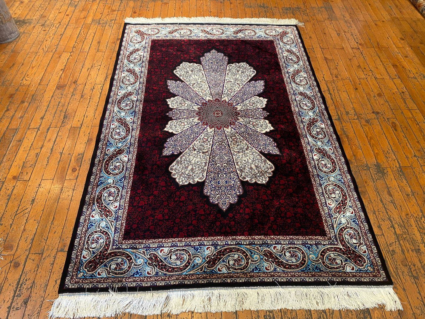 Black Red Medallion Turkish Silk Carpet 4x6ft – Luxury Anatolian Area Rug for Home Decor Cappadocia Rug Collection