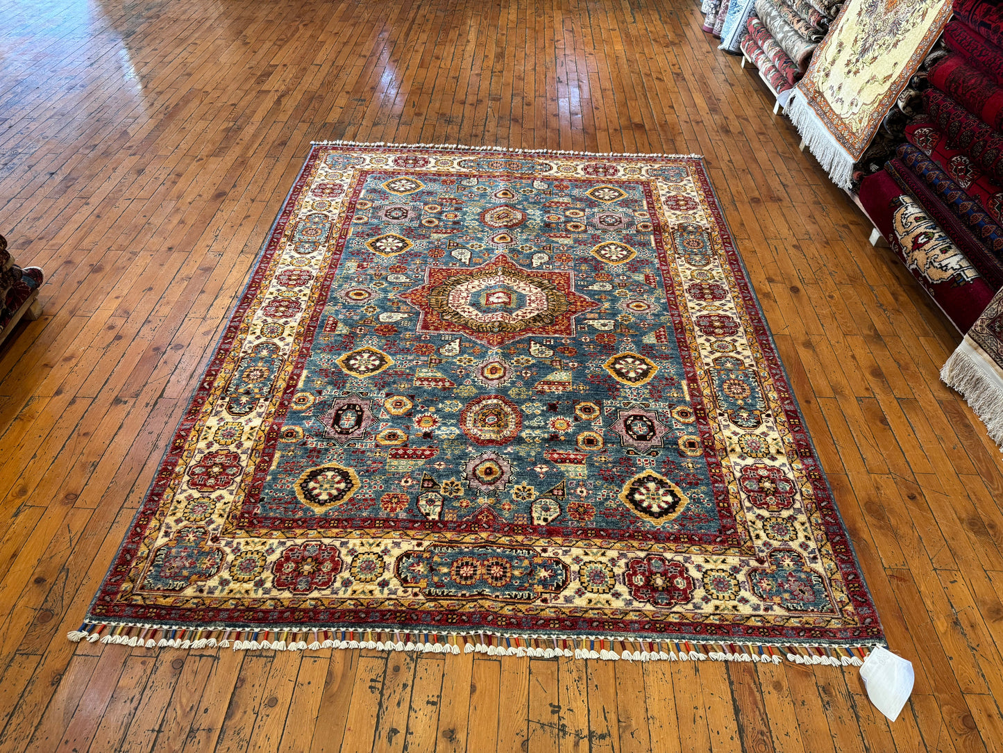 Handwoven Wool Rug with Central Medallion - Traditional Oriental Design in Blue and Red 5x7 ft Cappadocia Rug Collection