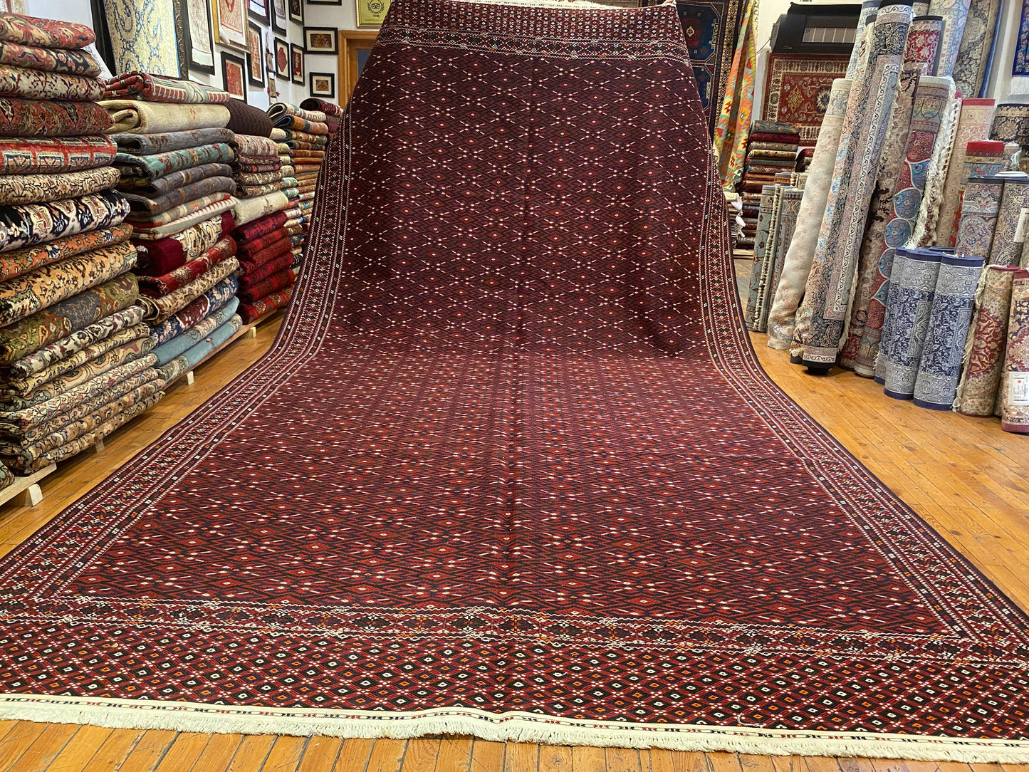 Antique Style Handmade Tribal Rug 7x14 ft Red Geometric Oriental Carpet Cappadocia Rug Collection