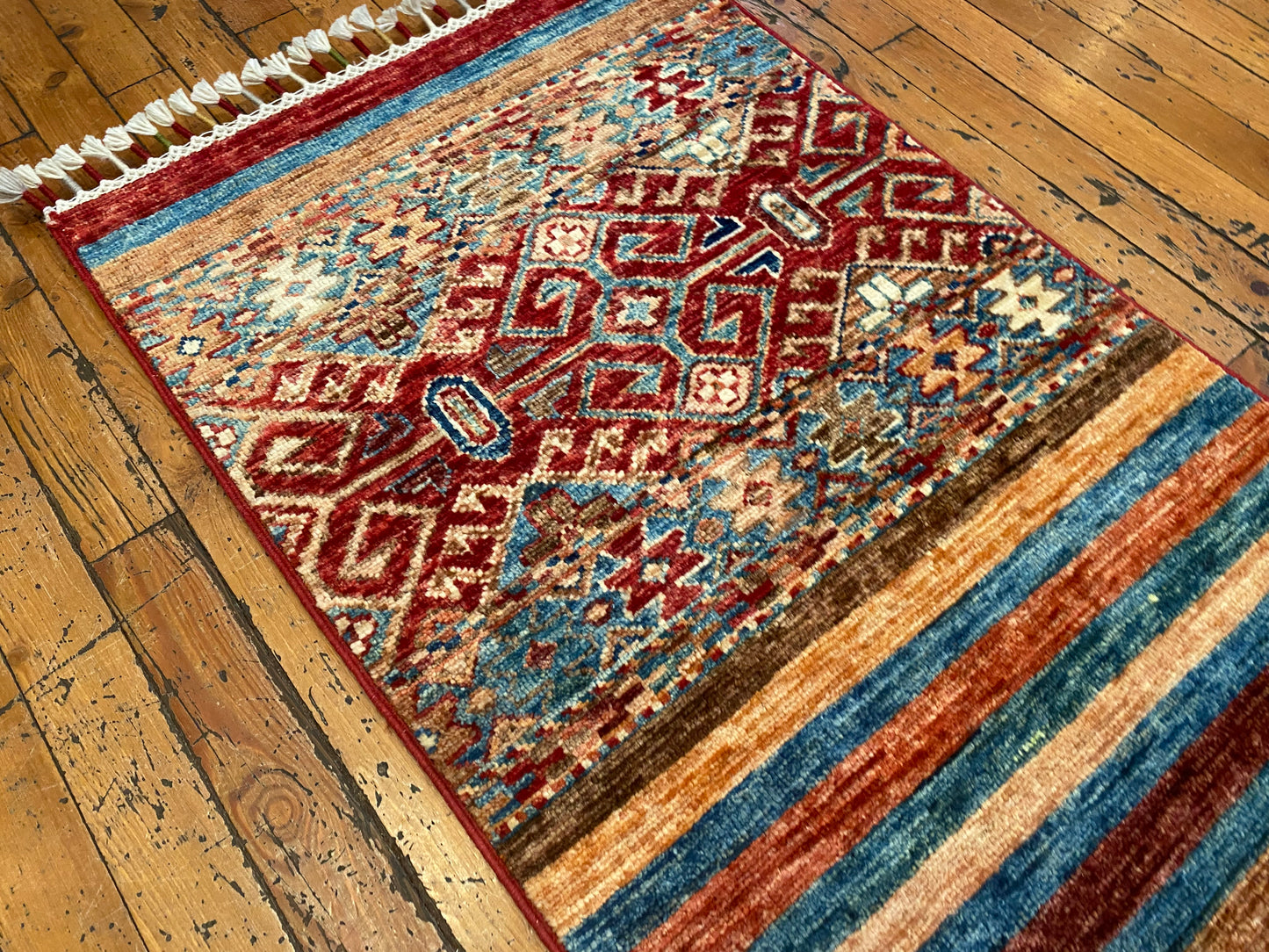 Handmade Wool Runner – Geometric Stripes Hallway Rug 2x7ft