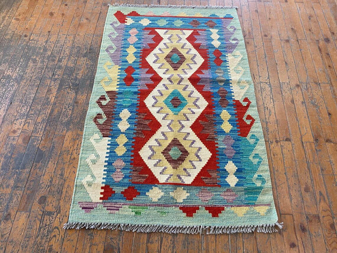 Geometric Kilim 3x5ft - Handwoven Turkish Wool Rug Cappadocia Rug Collection