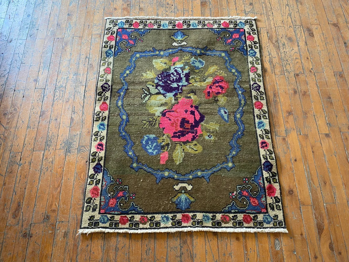 Floral Turkish Handmade Carpet 3x4ft - Wool Area Rug Cappadocia Rug Collection