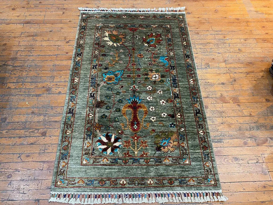 Green Floral 3x5ft Oushak Rug - Natural Dye Turkish Carpet Cappadocia Rug Collection