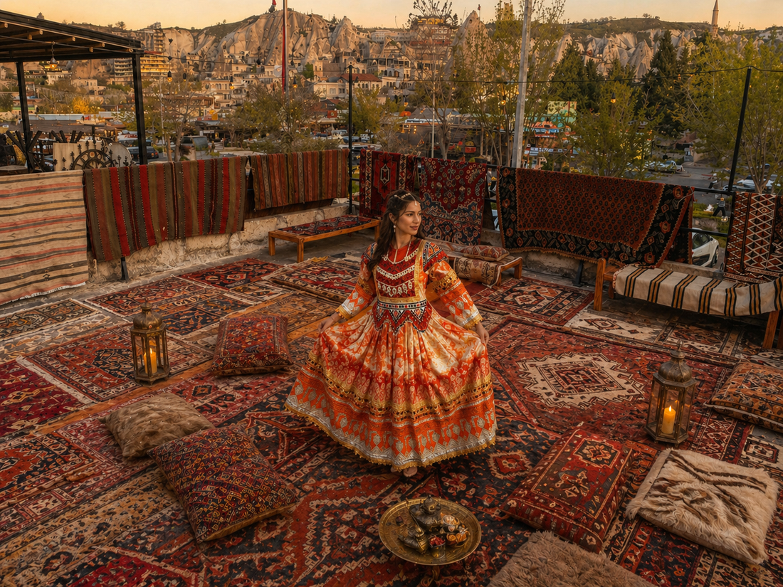The Most Unique Photo Spot in Cappadocia: An Authentic Terrace Surrounded by Handmade Turkish Rugs