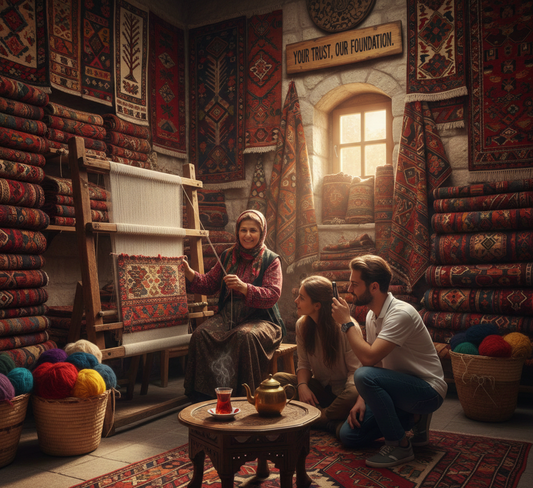 Authentic handmade Turkish rugs displayed in traditional Cappadocia carpet shop in Göreme