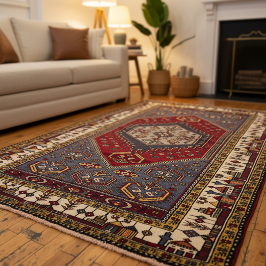 Authentic Anatolian handwoven Turkish wool carpet with vintage tribal patterns in a cozy boho interior setting