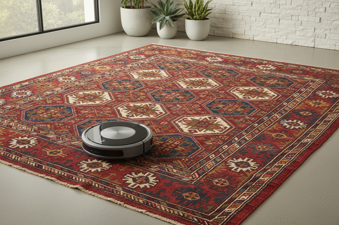 Robot vacuum cleaner safely cleaning handwoven Turkish wool rug with traditional patterns