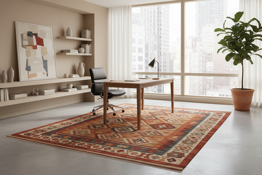 Handwoven Turkish rug in modern home office workspace with desk and ergonomic chair