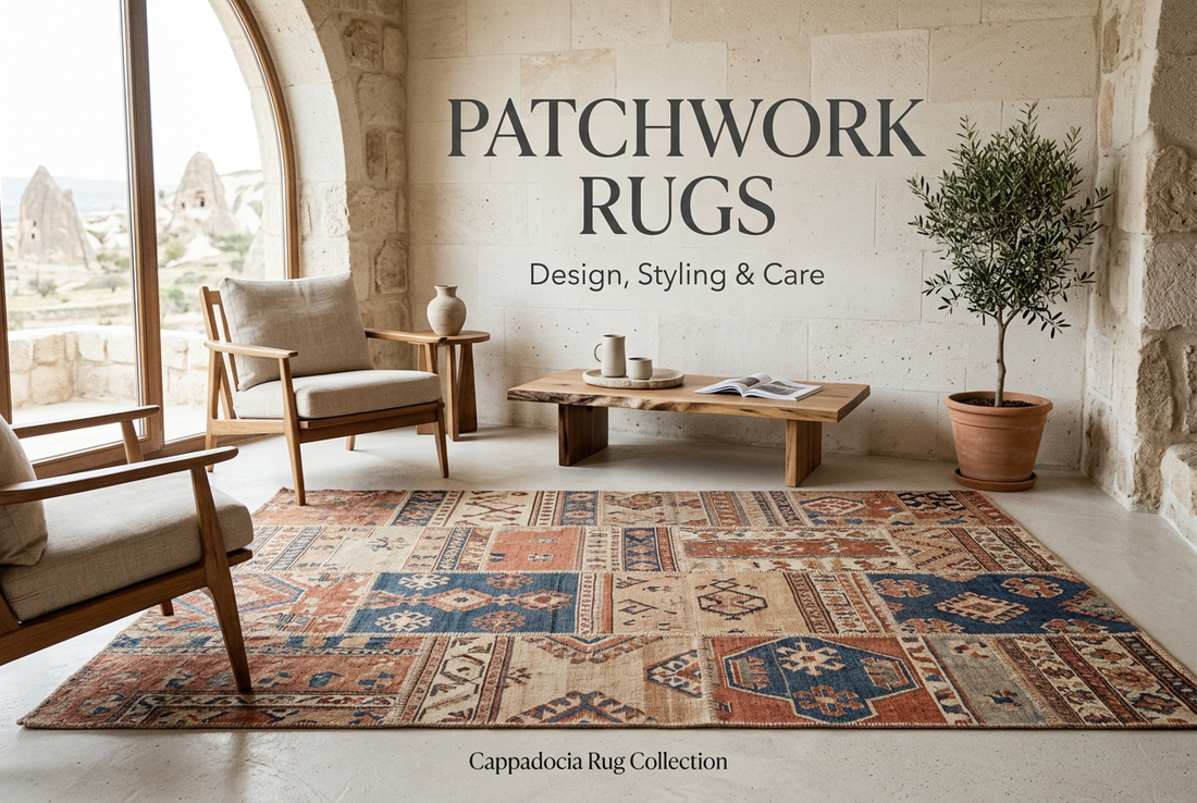 Patchwork rug in muted earthy colors in a sunlit neutral living room, with the title Patchwork Rugs: Design, Styling & Care.