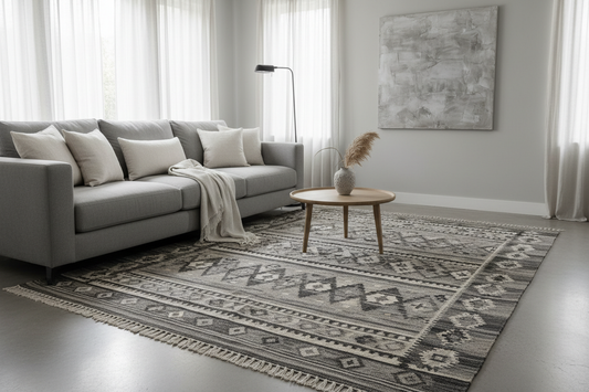 Gray sofa styled with handwoven Turkish kilim rug in soft neutral tones for modern living room decor