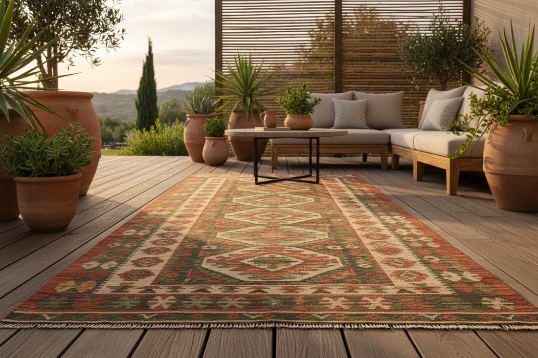 Handwoven Turkish kilim rug displayed on outdoor patio terrace with garden furniture