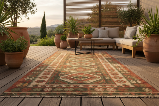 Handwoven Turkish kilim rug displayed on outdoor patio terrace with garden furniture