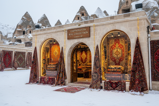 Handmade Turkish rugs displayed at Cappadocia Rug Collection store in snowy winter setting