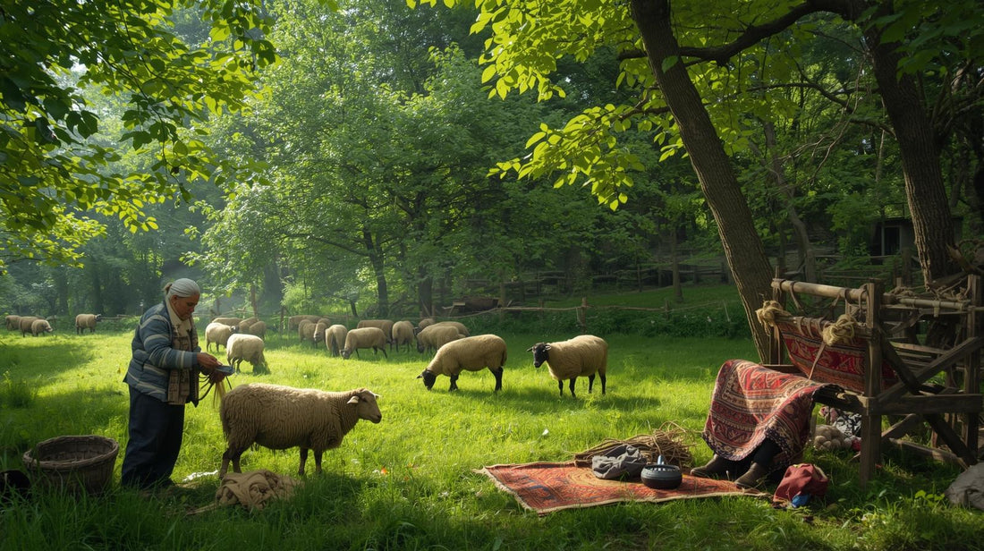 Turkish shepherd with sheep flock and traditional hand loom weaving handmade wool rug in forest