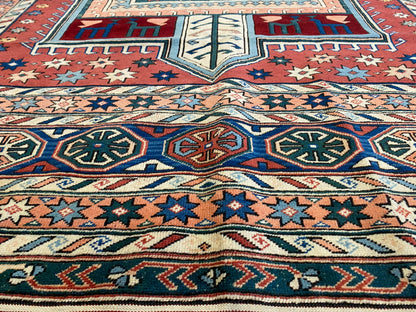 Hand-Knotted Wool Oriental Carpet with Geometric Tribal Cross 7’2”x9”