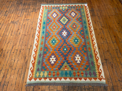 Geometric Handmade Kilim Rug 4x6 ft  - Authentic Anatolian Flatweave Cappadocia Rug Collection