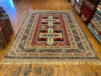 Hand-Knotted Wool Oriental Carpet with Geometric Tribal Cross 7’2”x9”