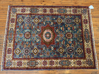 Handwoven Wool Rug with Central Medallion - Traditional Oriental Design in Blue and Red 5x7 ft