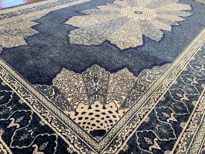 Navy Blue Medallion Vintage Design Oriental Silk Carpet 3”x5''ft