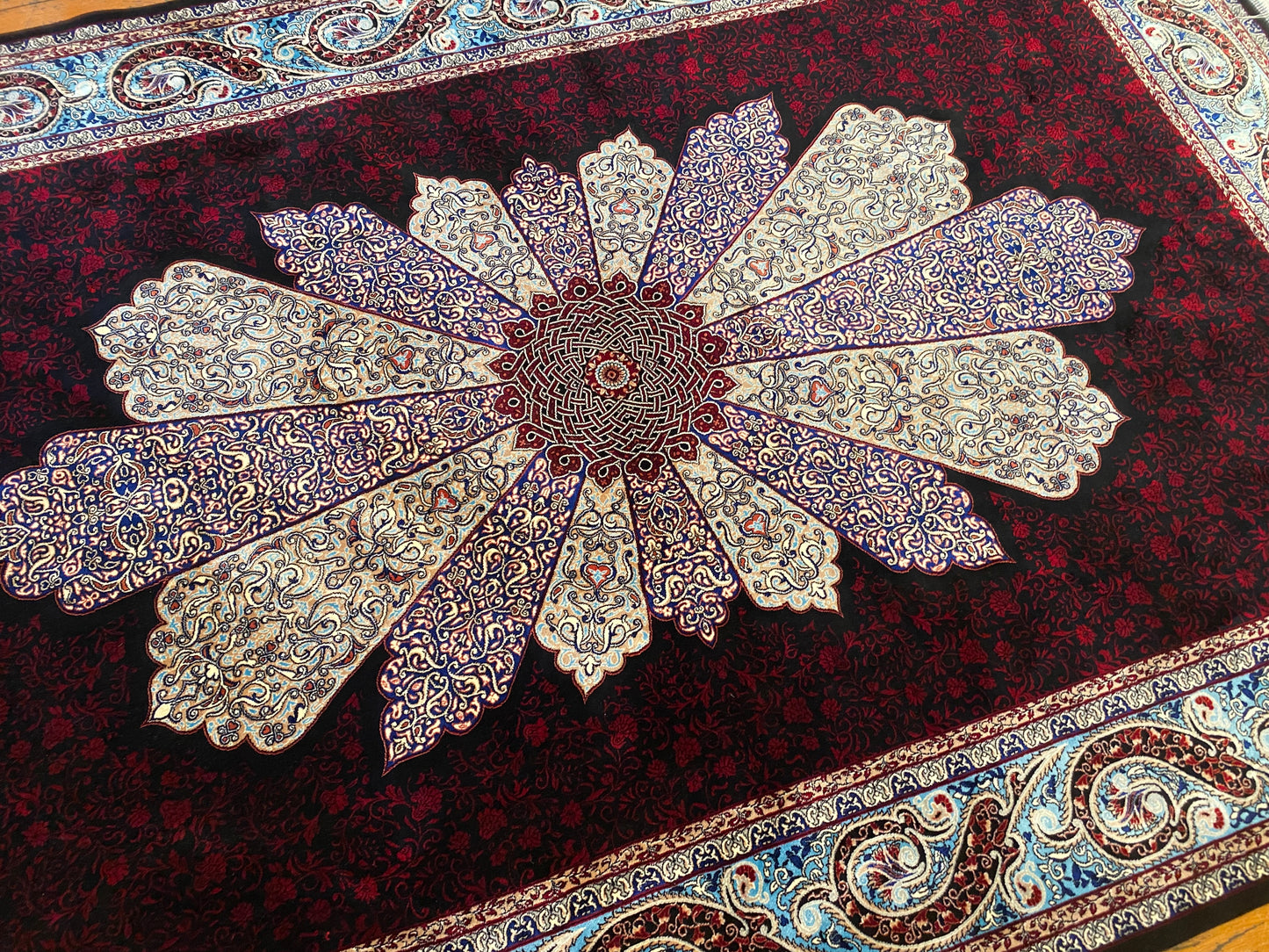 Black Red Medallion Turkish Silk Carpet 4x6ft – Luxury Anatolian Area Rug for Home Decor