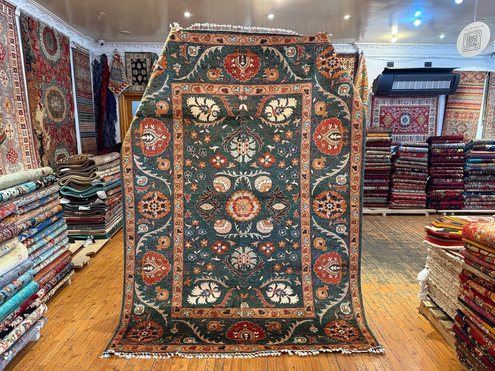 GREEN HAND-KNOTTED CARPET,6 x 8 FT NATURAL DYE CARPET,FLORAL HANDMADE CARPET Cappadocia Rug Collection