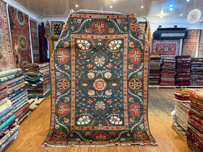 GREEN HAND-KNOTTED CARPET,6 x 8 FT NATURAL DYE CARPET,FLORAL HANDMADE CARPET Cappadocia Rug Collection