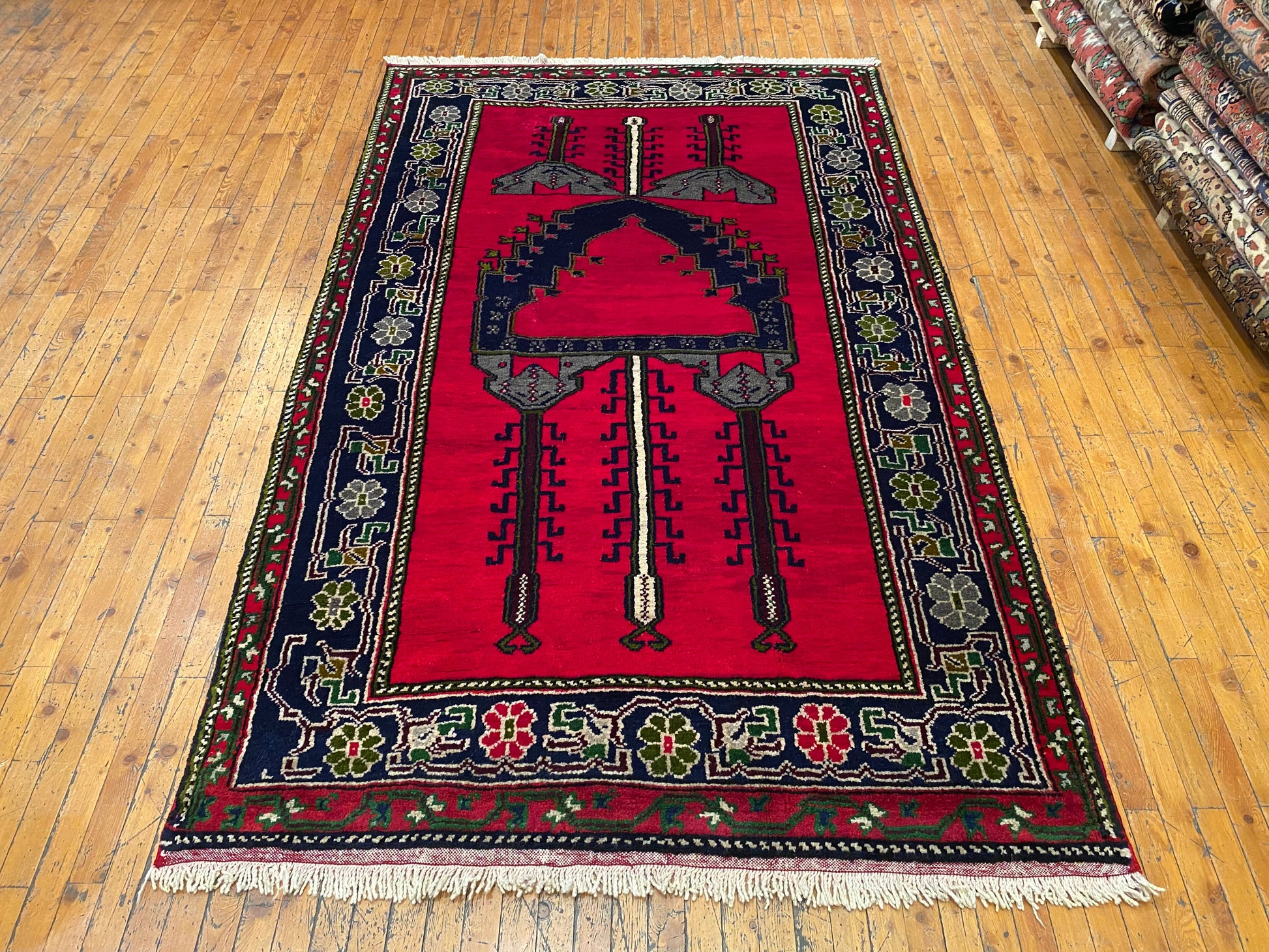 Red Geometric Antique Handmade Turkish Rug 5x8 ft | Vintage Rug Cappadocia Rug Collection
