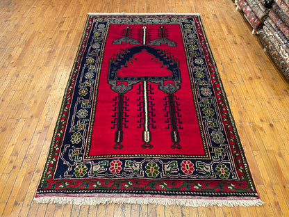 Red Geometric Antique Handmade Turkish Rug 5x8 ft | Vintage Rug Cappadocia Rug Collection