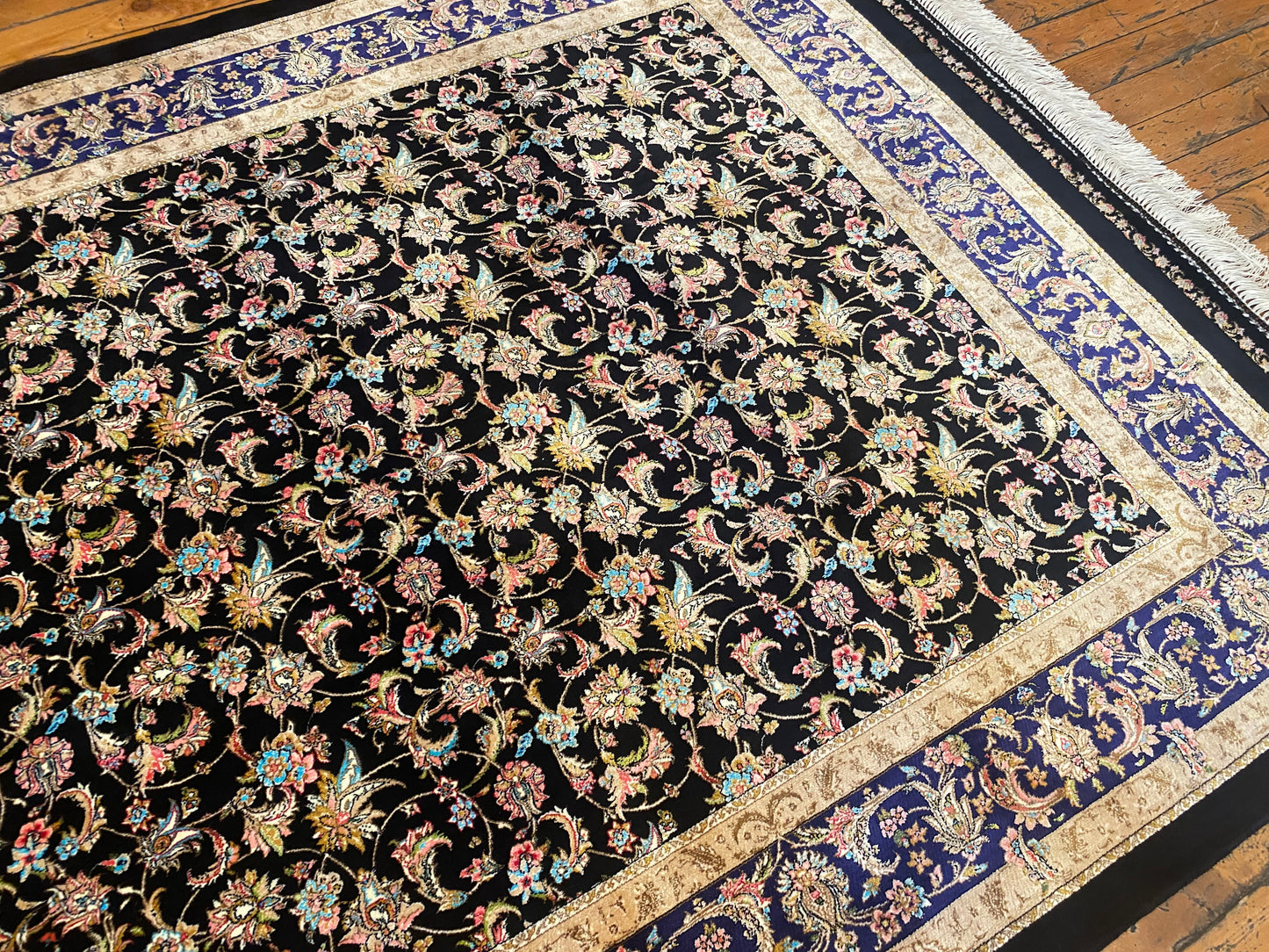 Luxury Black Floral Silk Carpet 3'3''x4'11''ft
