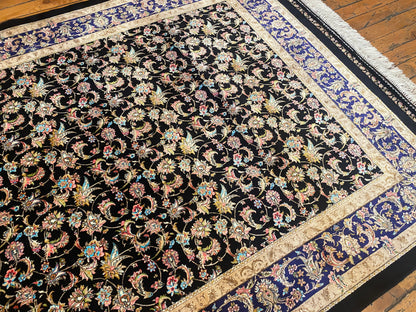 Luxury Black Floral Silk Carpet 3'3''x4'11''ft