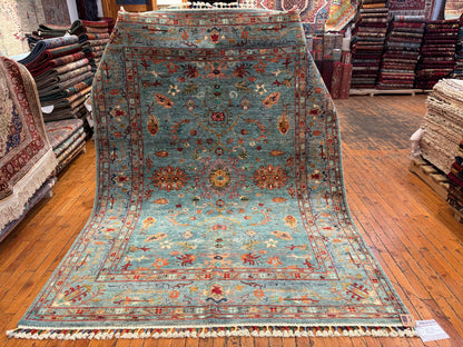 Handwoven Turquoise Wool Rug 5x7ft – Oriental Floral Design Turkish Carpet Cappadocia Rug Collection