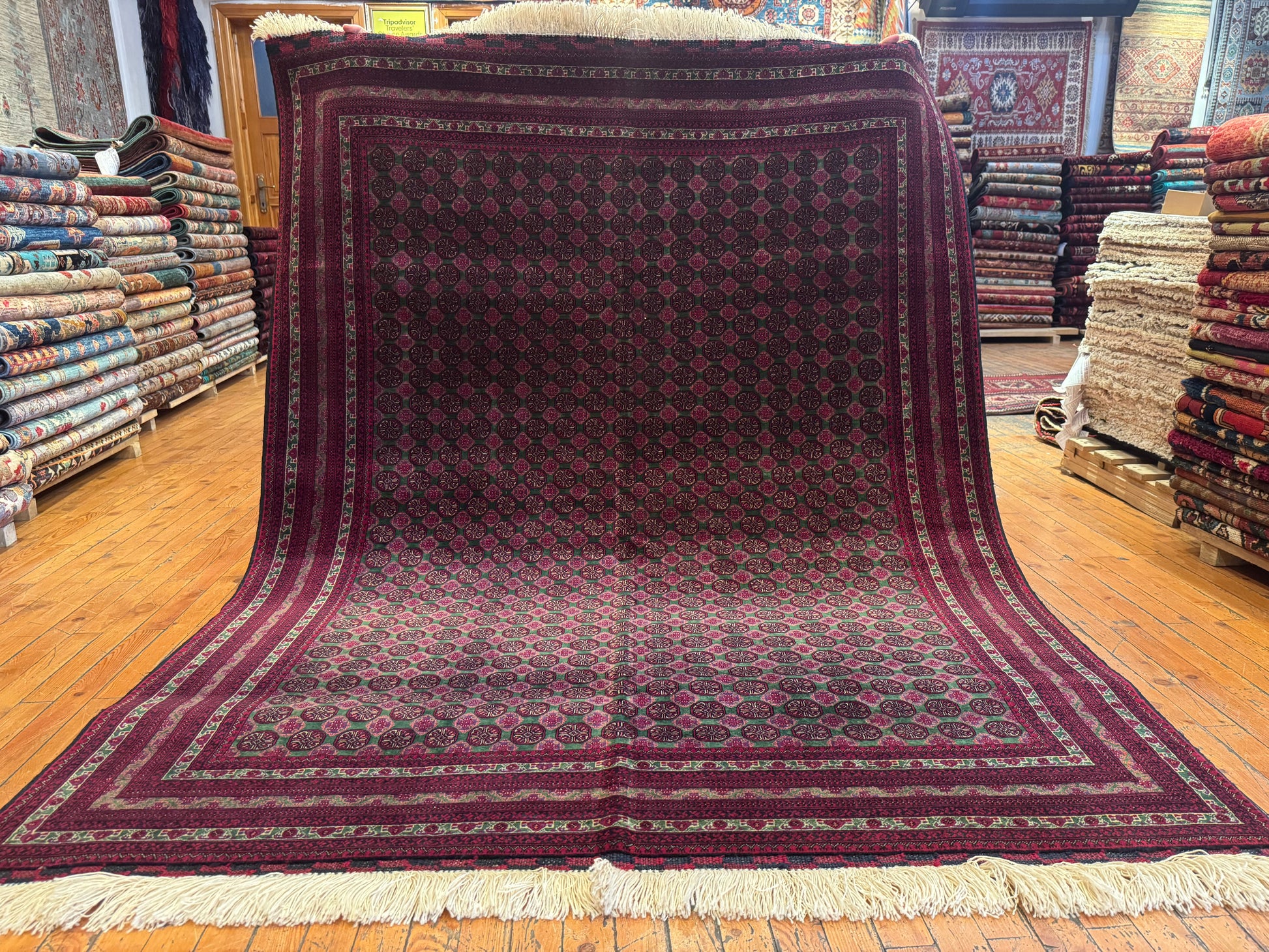 Deep Red Bukhara Hand-Knotted Wool Rug – Geometric Pattern Vintage Carpet 5x7ft Cappadocia Rug Collection