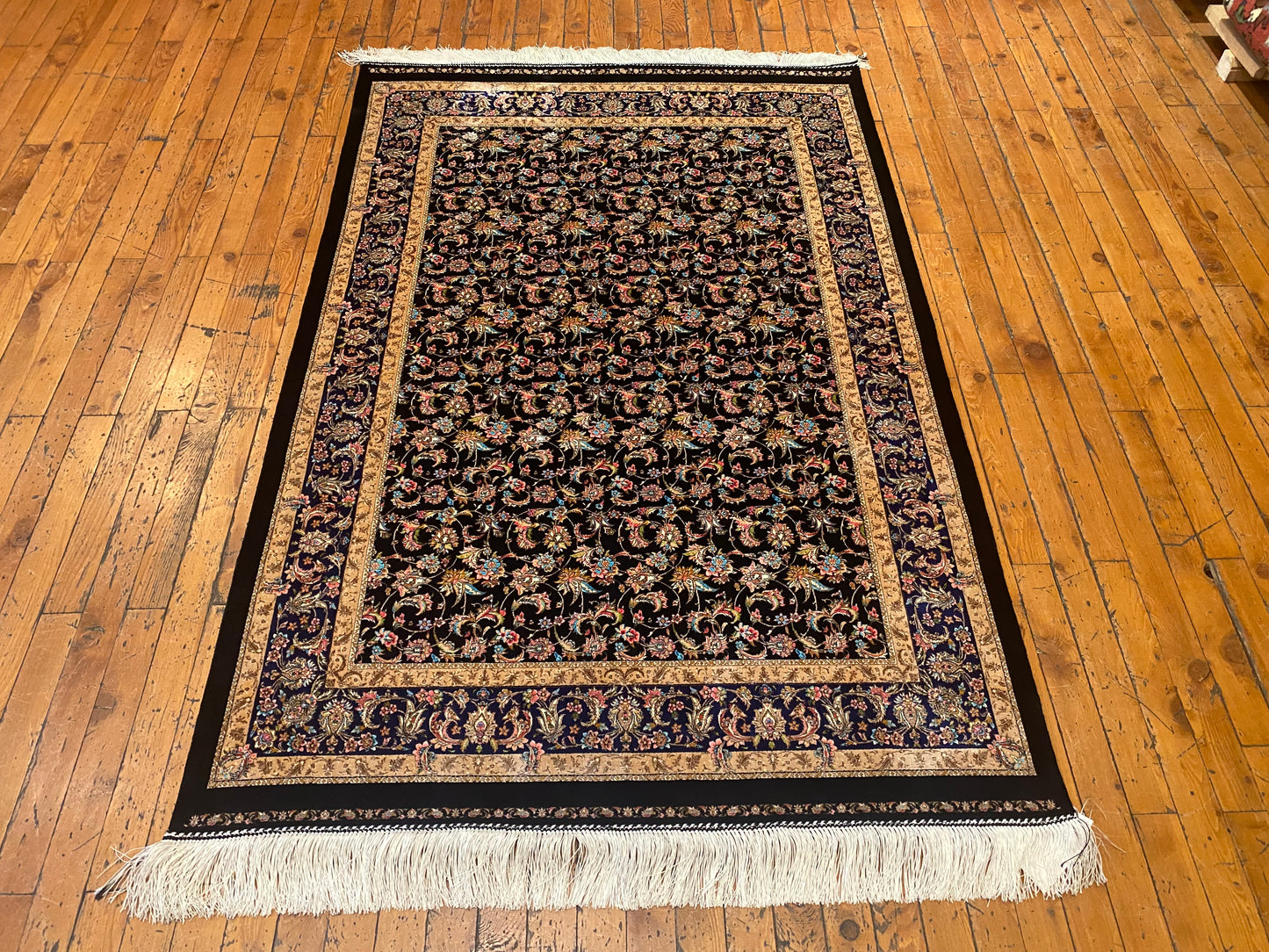 Luxury Black Floral Silk Carpet 3'3''x4'11''ft