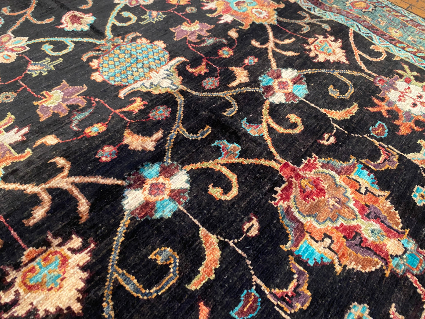Black and Green Floral Handmade Rug 4x6 ft | Wool Carpet Cappadocia Rug Collection