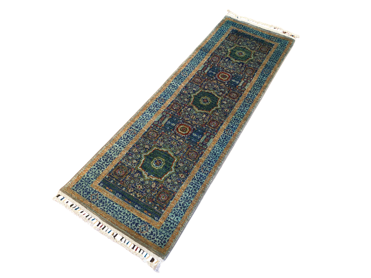 Decorative rug with intricate patterns on a white background