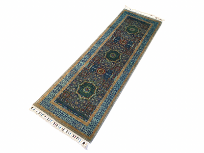 Decorative rug with intricate patterns on a white background