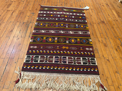 Vintage Anatolian Turkish Kilim Runner - Handwoven Wool Rug with Geometric Tribal Patterns in Maroon, Yellow & Multicolor  2'9''x4'8''