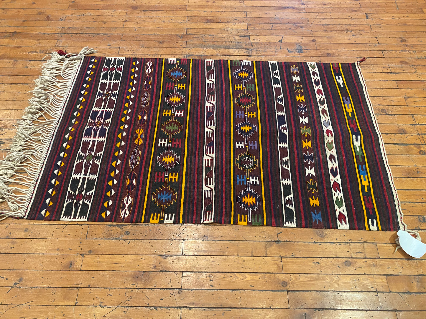 Vintage Anatolian Turkish Kilim Runner - Handwoven Wool Rug with Geometric Tribal Patterns in Maroon, Yellow & Multicolor  2'9''x4'8''