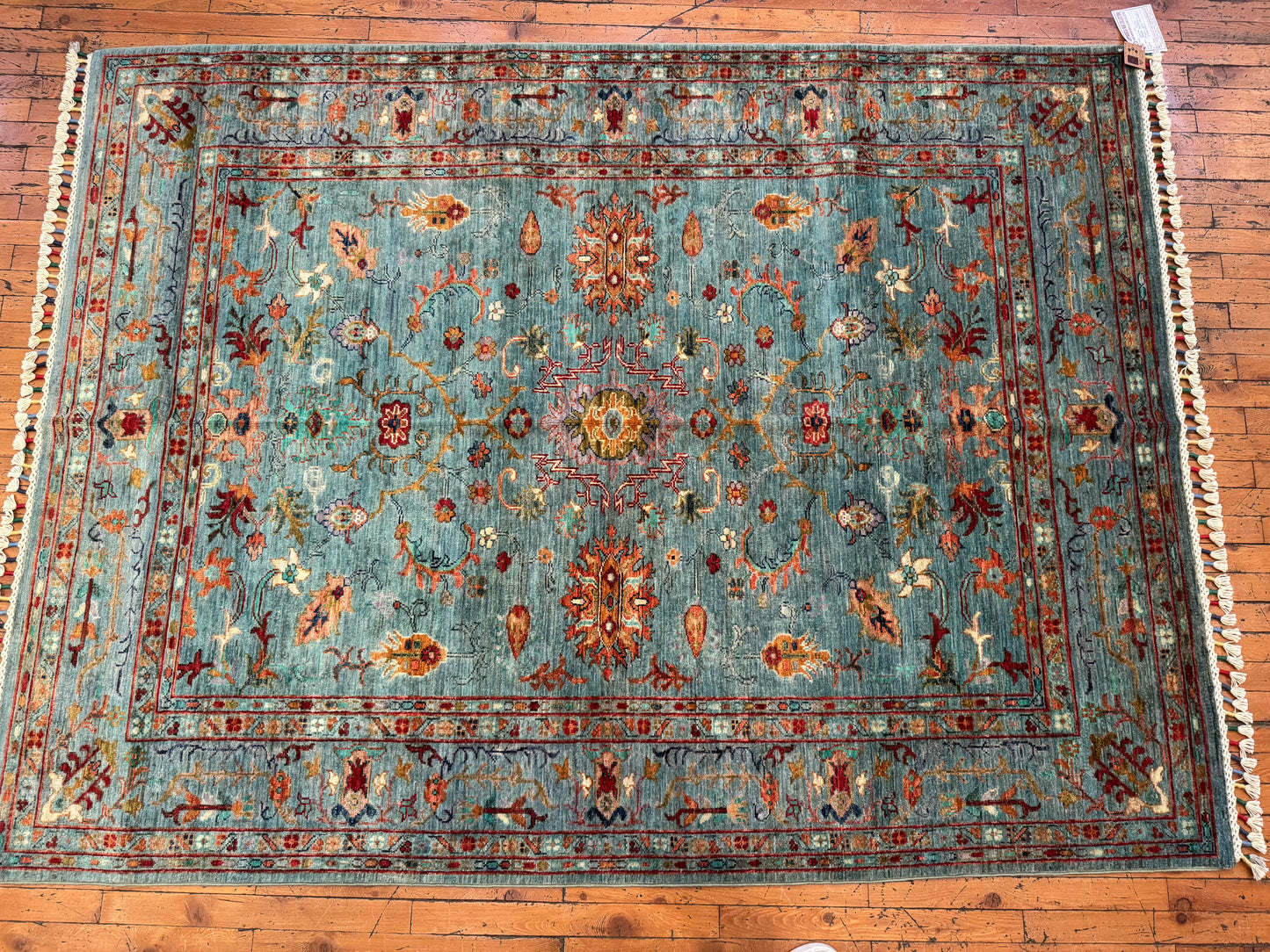 Handwoven Turquoise Wool Rug 5x7ft – Oriental Floral Design Turkish Carpet Cappadocia Rug Collection