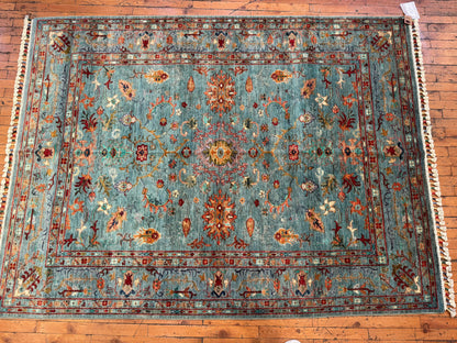 Handwoven Turquoise Wool Rug 5x7ft – Oriental Floral Design Turkish Carpet Cappadocia Rug Collection