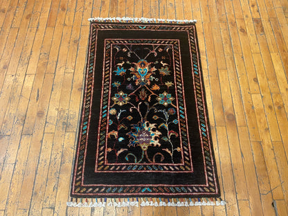 Floral Black Background Turkish Rug - Handmade Vintage Style Runner 2x3 ft