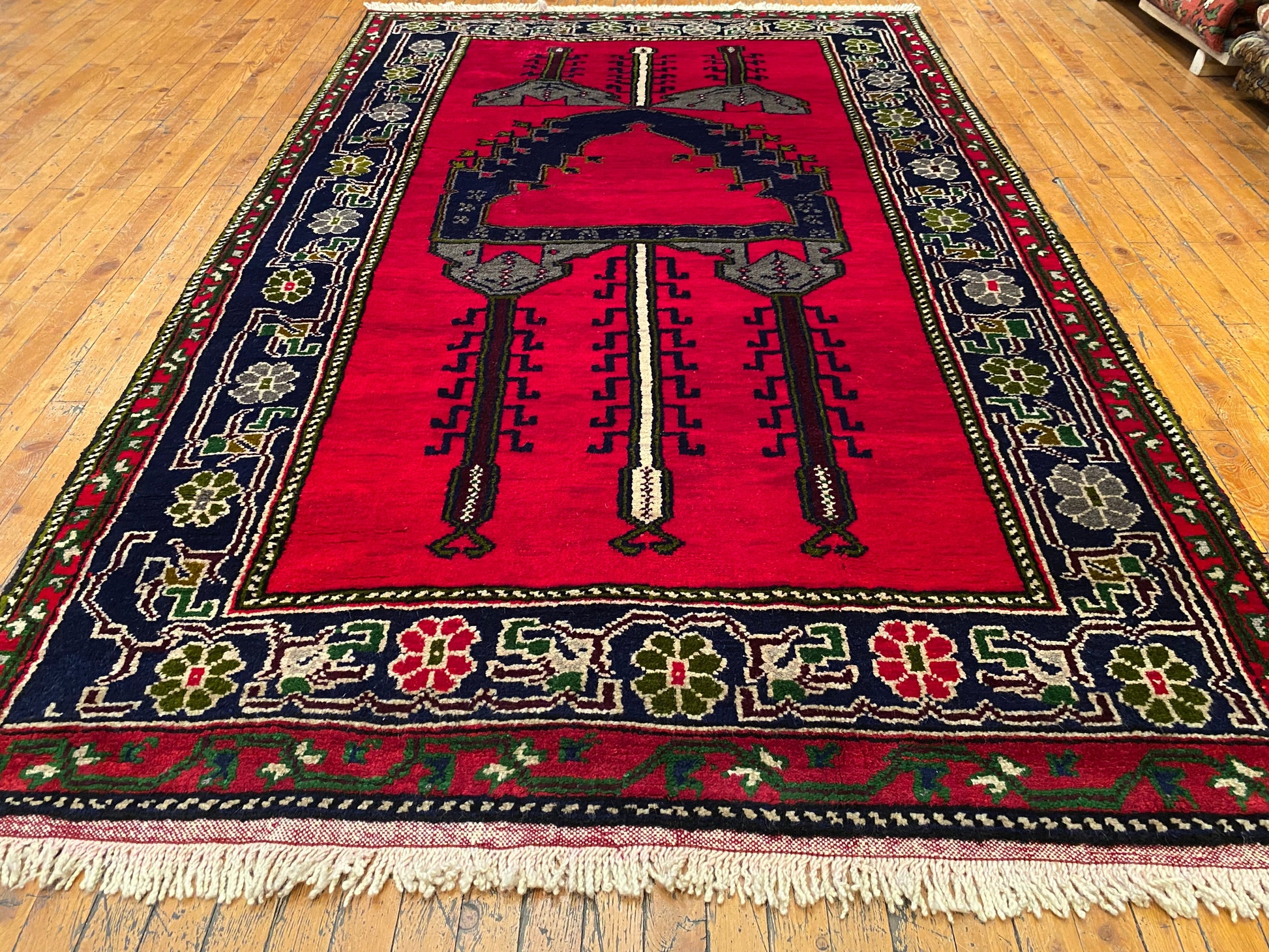 Red Geometric Antique Handmade Turkish Rug 5x8 ft | Vintage Rug Cappadocia Rug Collection