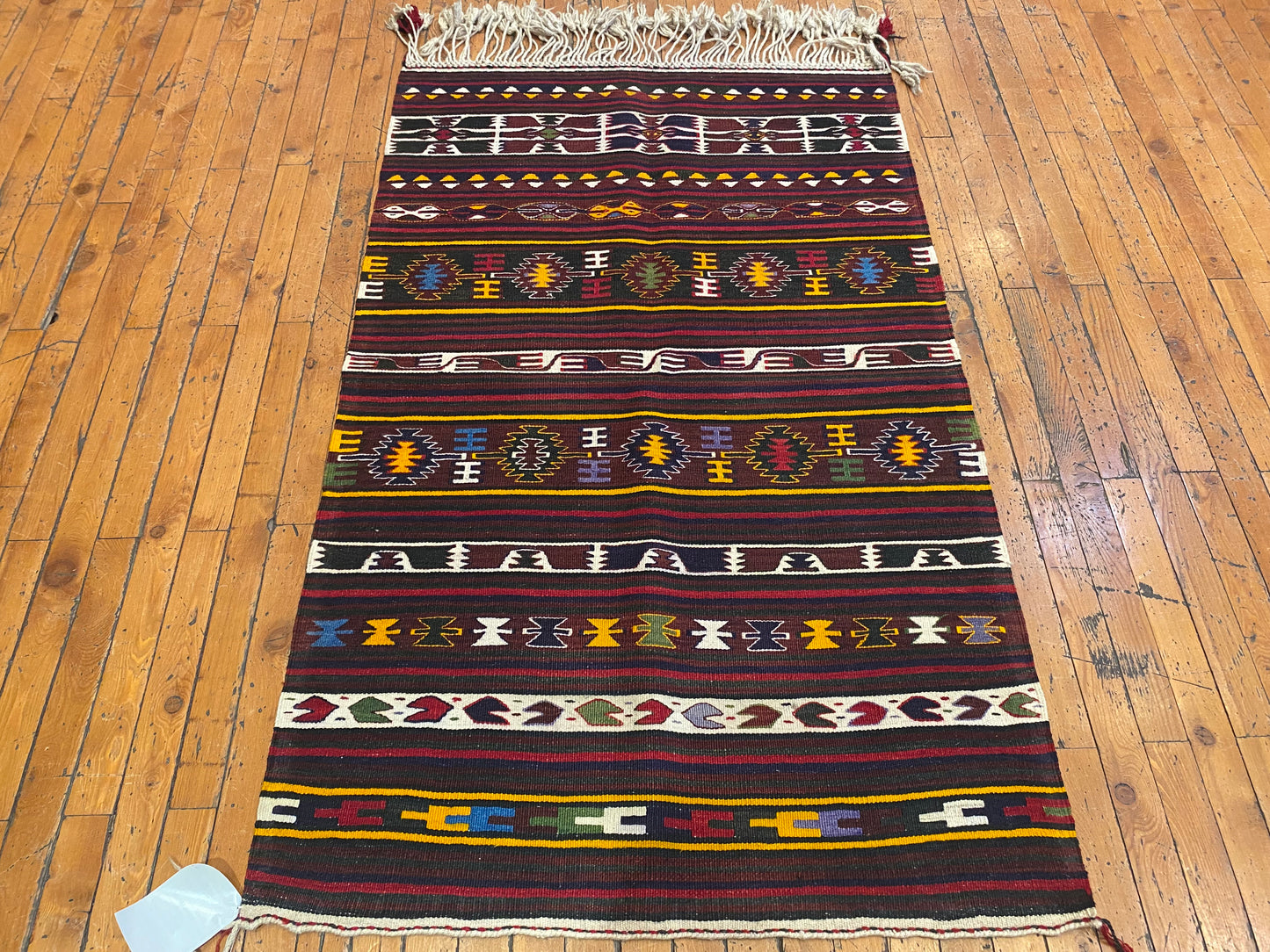 Vintage Anatolian Turkish Kilim Runner - Handwoven Wool Rug with Geometric Tribal Patterns in Maroon, Yellow & Multicolor  2'9''x4'8''